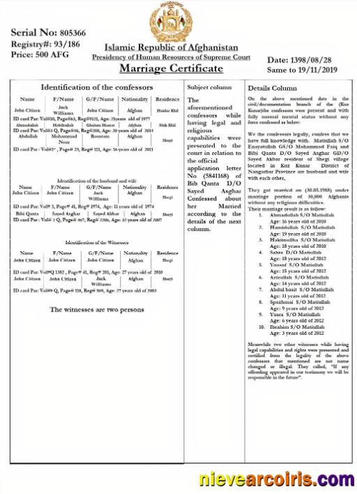 AFGHANISTAN marriage certificate